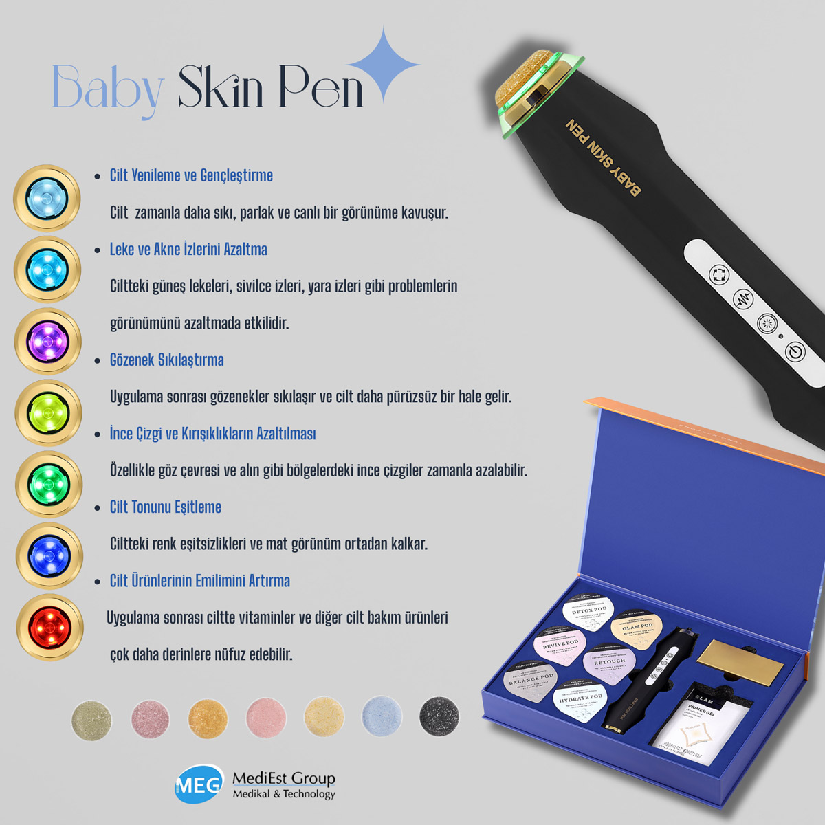 Baby Skin Pen — cihaz, LED renkleri ve profesyonel set